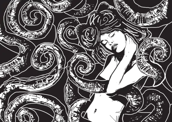 Abstract black-and-white illustration of a woman surrounded by swirling tentacle-like shapes.